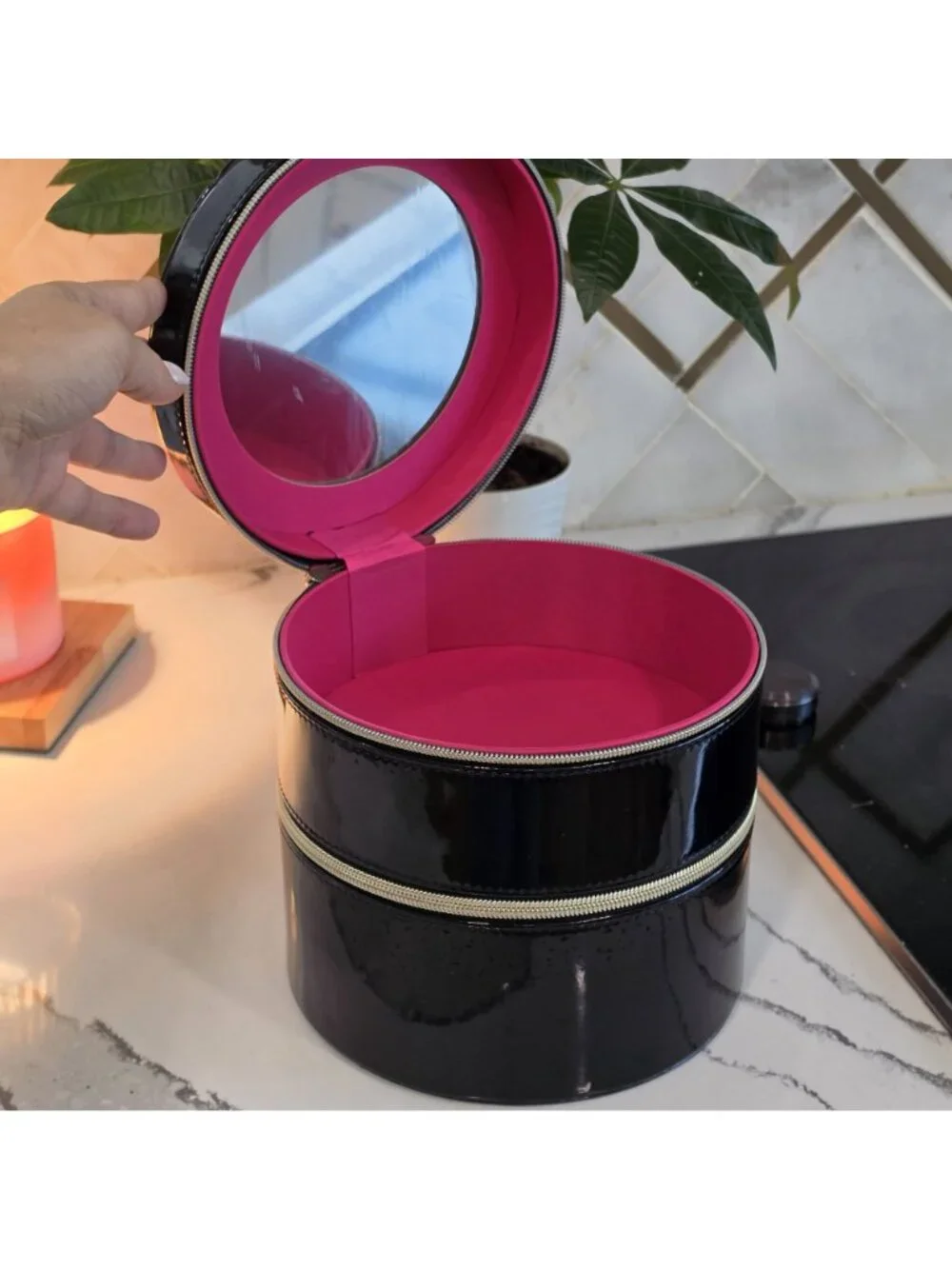 Lancôme Round Black Patent Cosmetic Case With Mirror & Dual Zipper Compartments